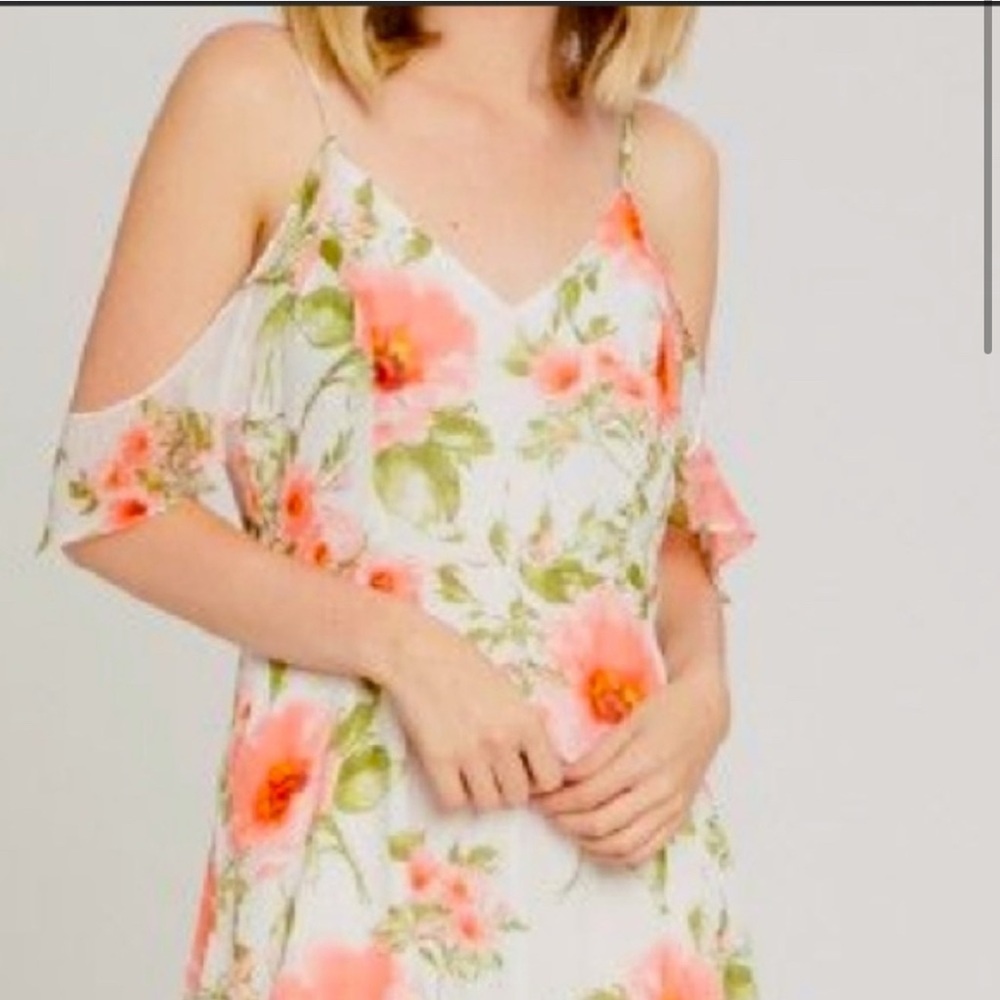 Altar’d State White Coral Pink Orange Floral Maxi Dress Flutter Ruffle Knoll M - Picture 2 of 11